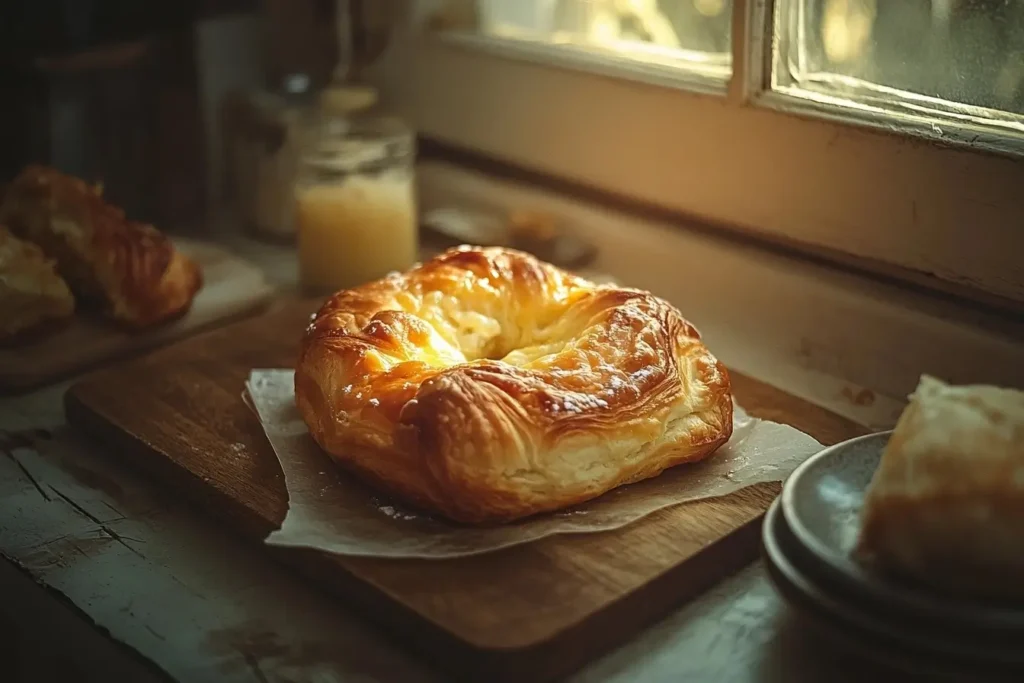 Freshly baked cheese Danish with flaky layers and creamy filling on a wooden board in a cozy kitchen setting with warm sunlight.