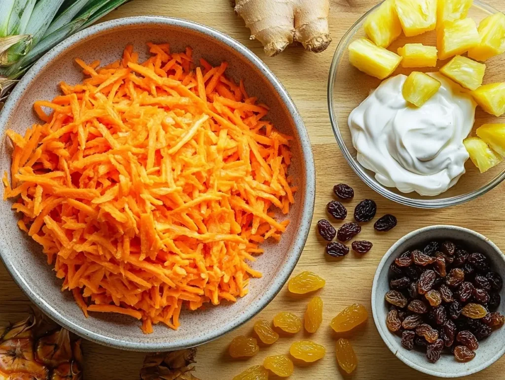 Flat lay of fresh ingredients for carrot raisin pineapple salad, including shredded carrots, diced pineapple, raisins, mayonnaise, and a mixing bowl on a wooden countertop