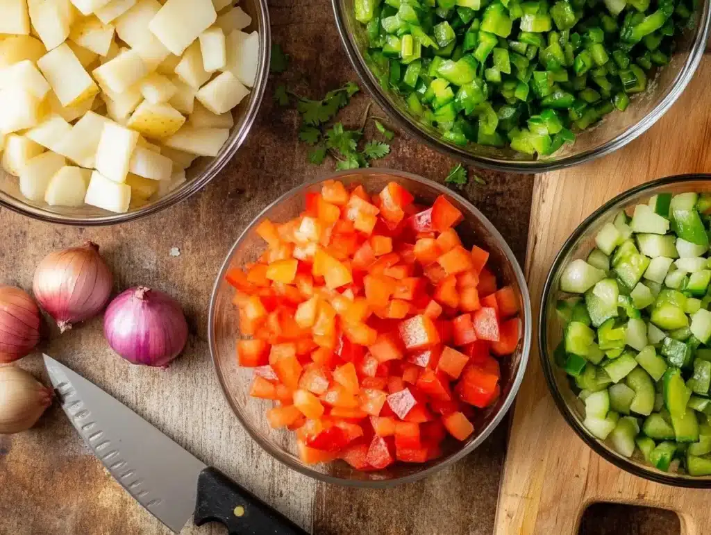 Diced potatoes, chopped red and green bell peppers, and onions neatly arranged in bowls on a wooden cutting board, ready for cooking.