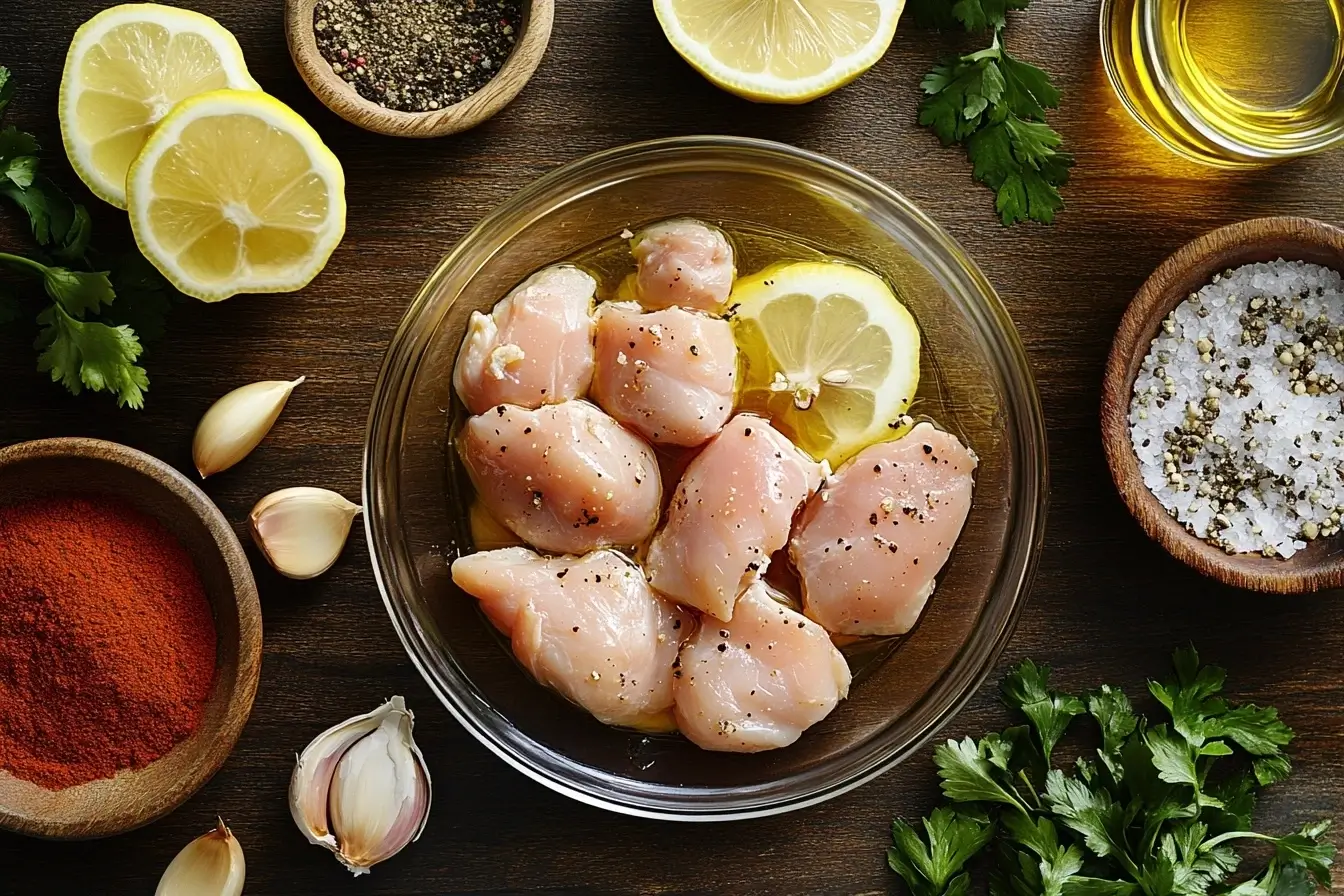 A top-down view of fresh chicken marinade ingredients, including lemon slices, olive oil, garlic, herbs, spices, and raw chicken in a bowl on a rustic wooden countertop