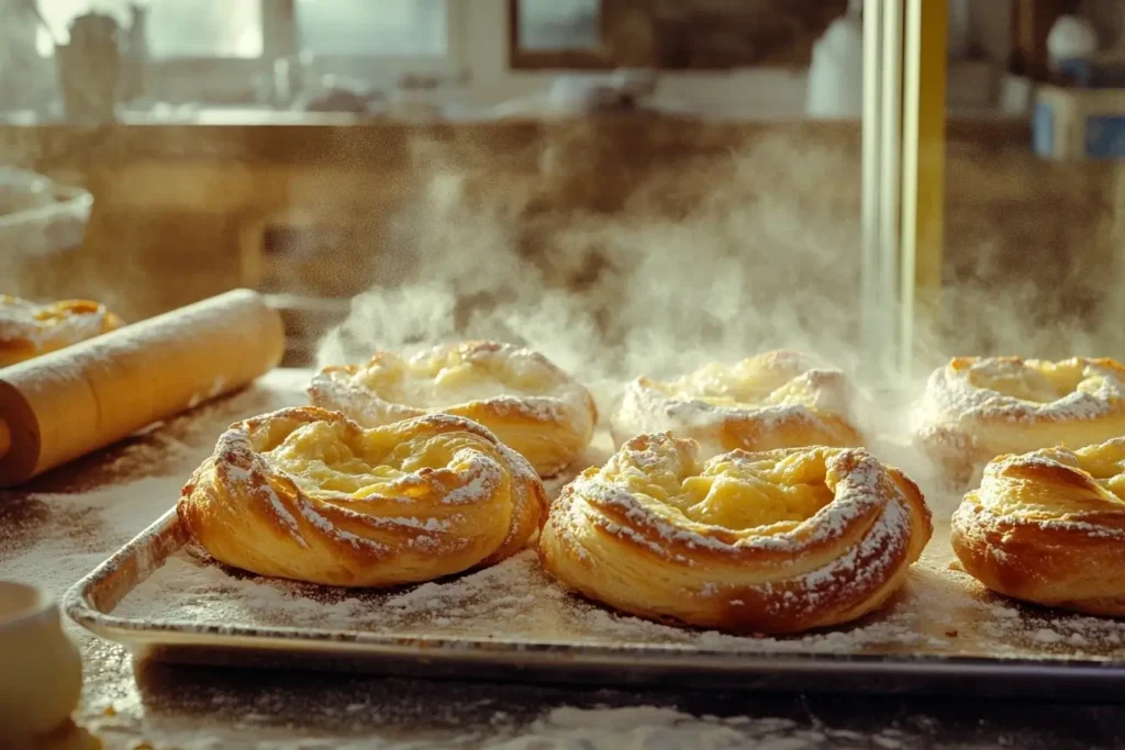 A tray of freshly baked cheese danishes with golden crusts, surrounded by bakery tools like a rolling pin and flour