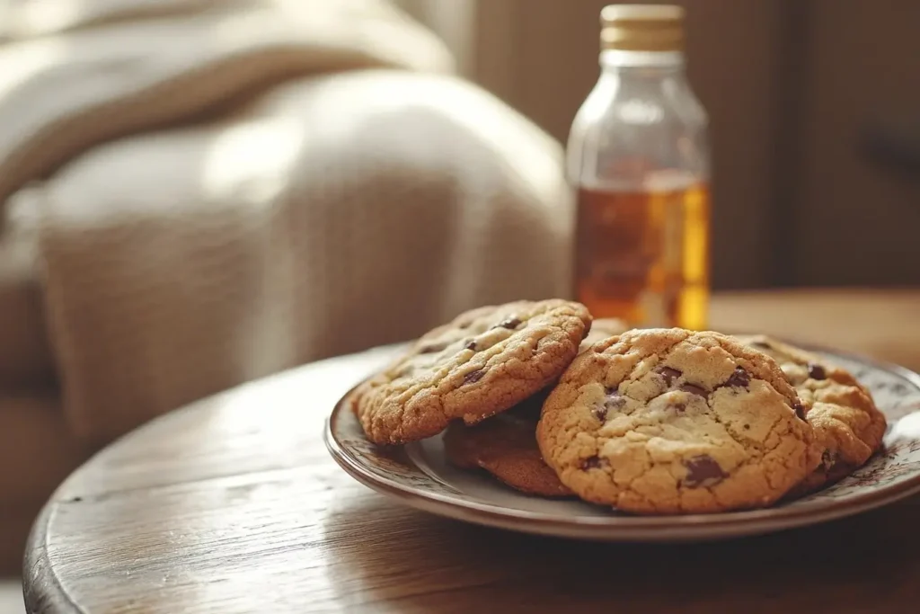 A plate of freshly baked cookies on a wooden table, with a bottle of apple cider vinegar in the background.