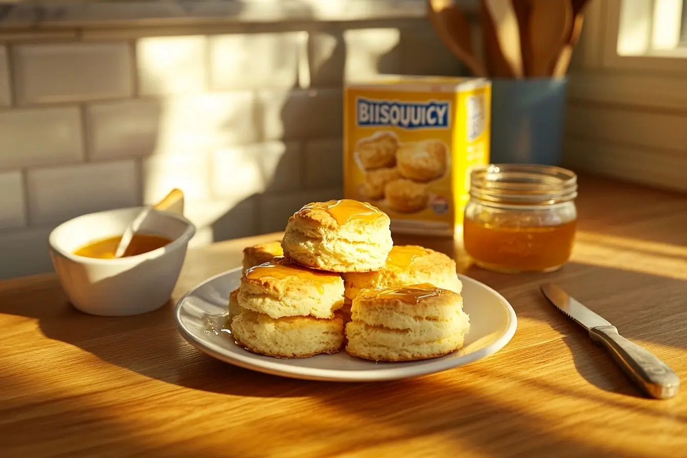 Freshly baked golden Bisquick biscuits stacked on a white plate on a wooden countertop, with a bowl of melted butter, a pastry brush, and a jar of honey nearby. A box of Bisquick mix and kitchen tools are in the background, with natural sunlight highlighting the scene