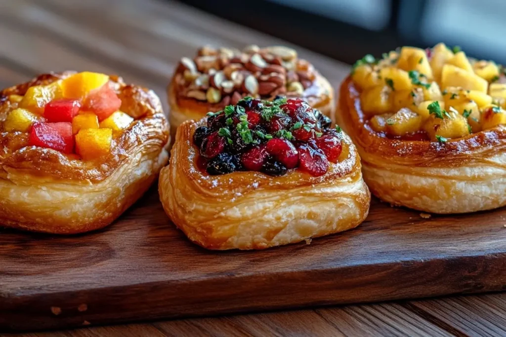 Three variations of cheese Danish pastries on a wooden board: classic, American-style with fruit toppings, and Middle Eastern-inspired with nuts and honey