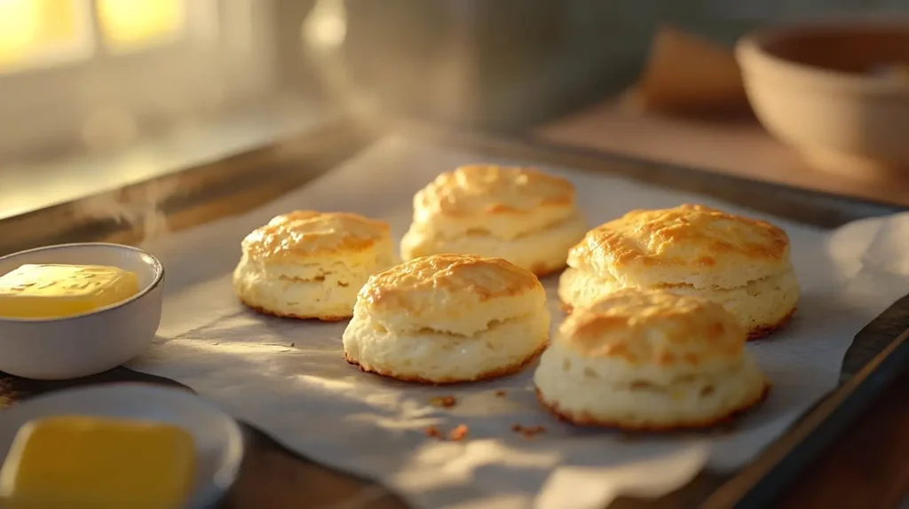 Freshly baked golden Bisquick biscuits on a parchment-lined tray, with steam rising, and a side of melted butter in a small bowl and a pastry brush