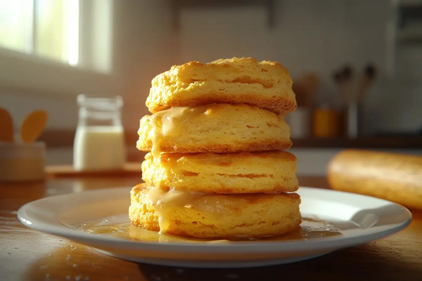 Golden brown Bisquick biscuits stacked on a white plate with a wooden countertop in the background, surrounded by biscuit-making tools and ingredients