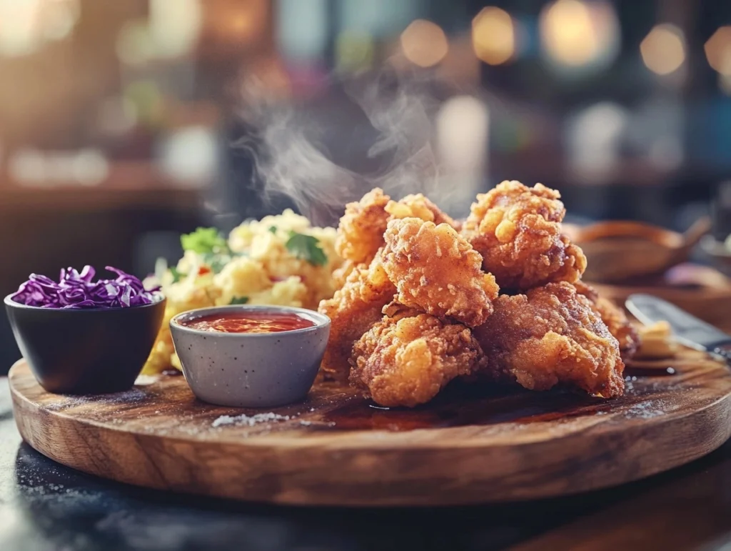 A serving of golden-brown crispy fried chicken on a wooden board, paired with coleslaw, mashed potatoes, and dipping sauces in a rustic kitchen setting