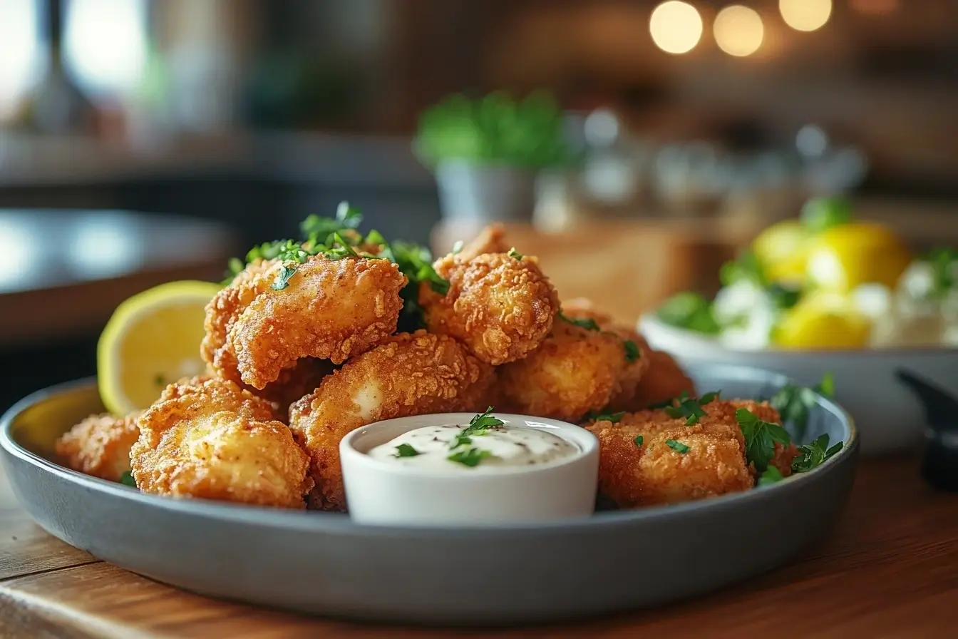 Golden, crispy fried chicken arranged on a plate with dipping sauce, fresh parsley, and lemon wedges on a rustic wooden table.