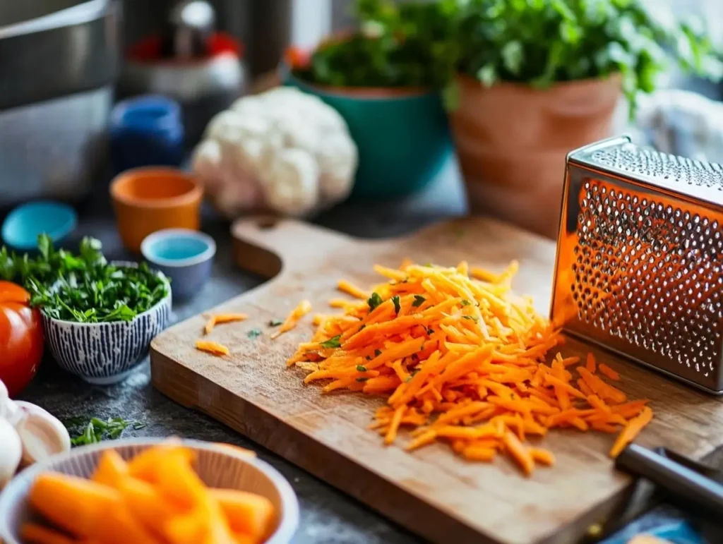 Grating fresh carrots on a wooden cutting board with clean tools and colorful ingredients in a vibrant kitchen setting.