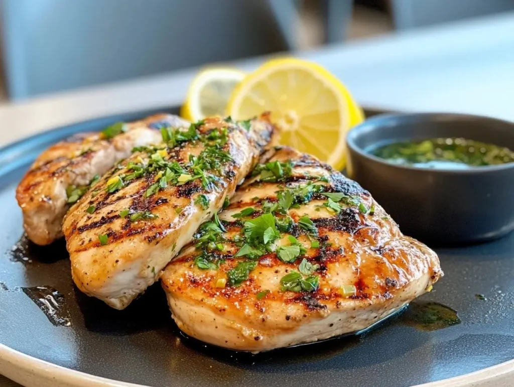 A grilled chicken breast served on a plate, garnished with parsley and lemon slices, alongside a small bowl of marinade sauce on a clean dining table.