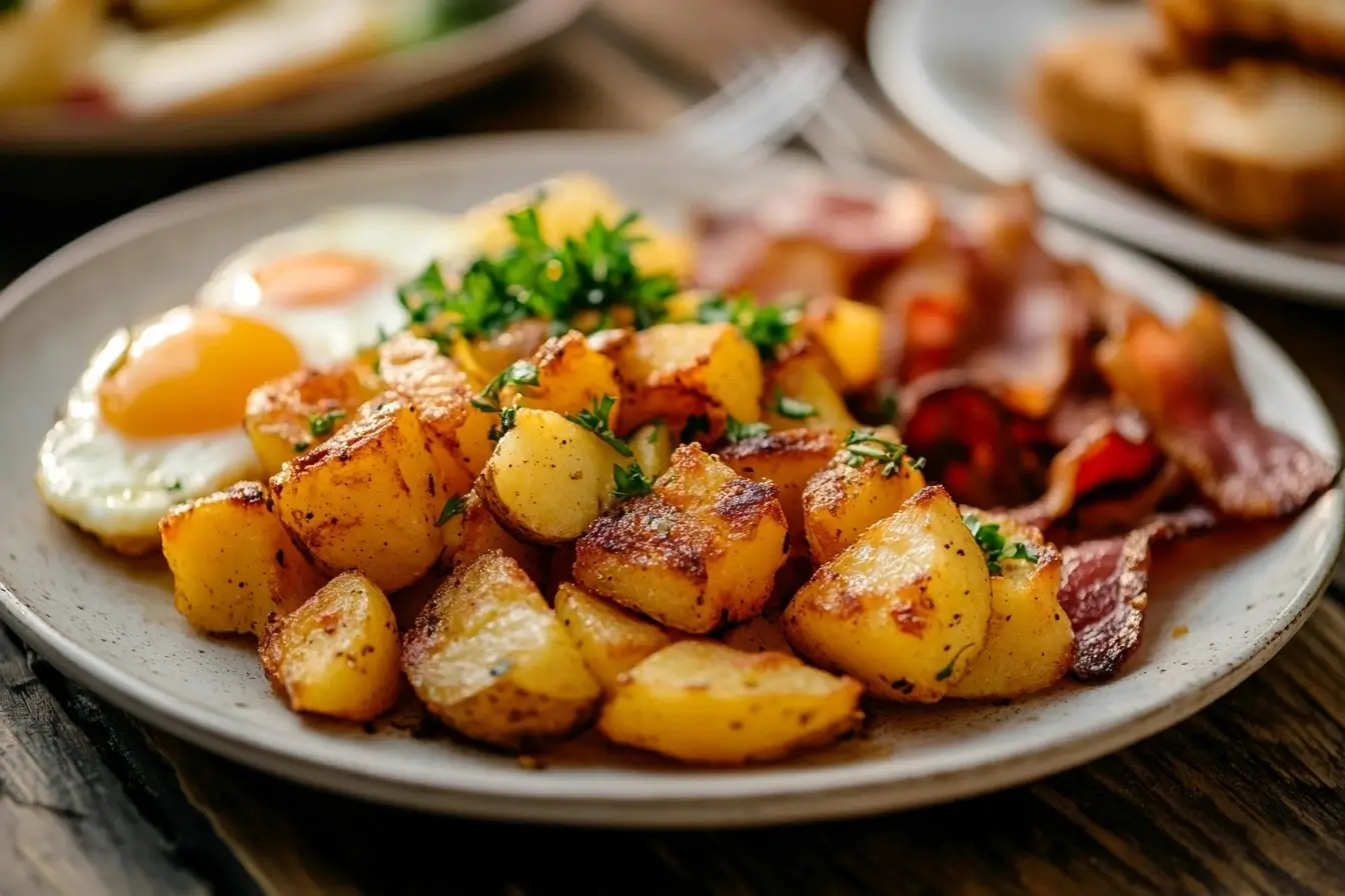 Crispy golden Potatoes O'Brien in an air fryer basket with a bag of frozen potatoes and seasoning on a kitchen countertop