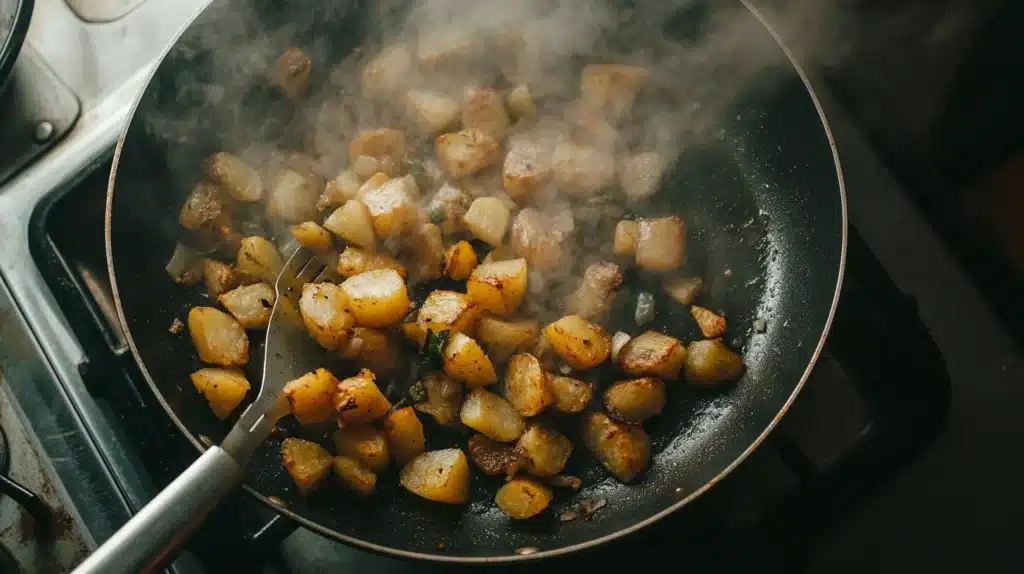 A skillet on a stove sizzling with crispy Ore Ida Potatoes O’Brien, mixed with onions and bell peppers, with steam rising from the pan