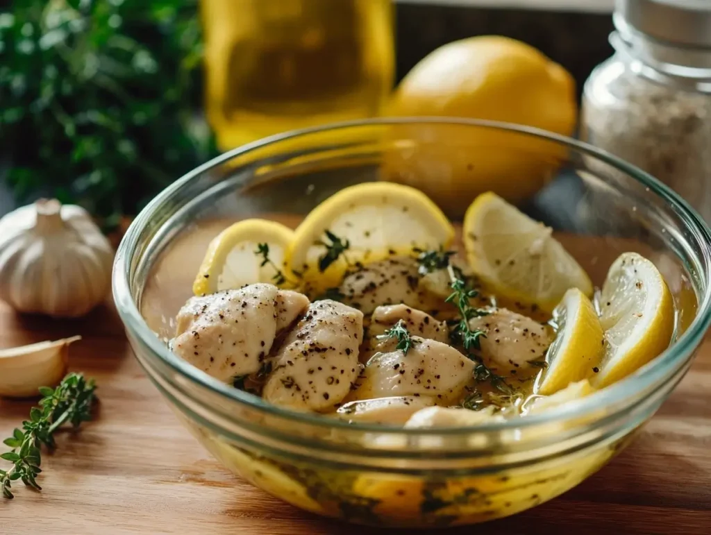 A close-up of a glass bowl filled with olive oil, lemon slices, garlic cloves, black pepper, and fresh herbs like thyme and parsley, on a rustic wooden countertop.
