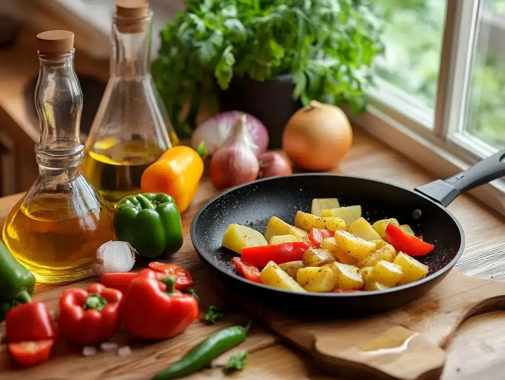 A kitchen countertop with a bag of frozen Ore Ida Potatoes O’Brien, a skillet, a wooden spatula, and fresh bell peppers and onions