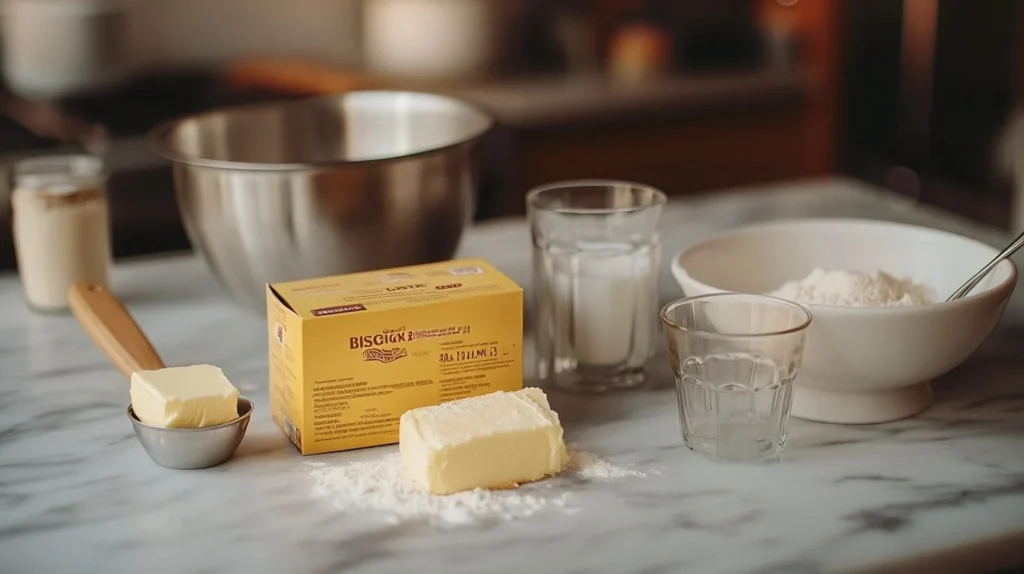 Close-up of Bisquick ingredients: a box of Bisquick mix, measuring cups, a stick of butter, and a glass of milk on a marble countertop