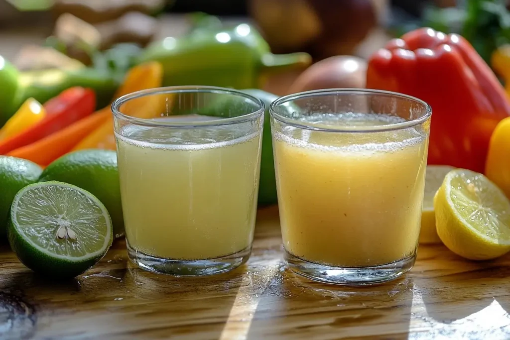 Side-by-side comparison of lemon juice and lime juice in glasses, with fajitas ingredients like chicken, bell peppers, and onions in the background