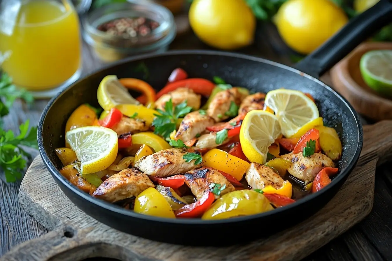 Sizzling chicken fajitas with lemon slices and lime wedges, garnished with colorful bell peppers and onions on a rustic wooden table