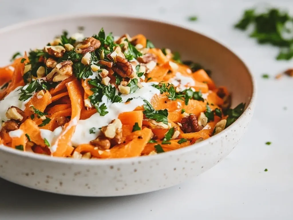 A low-carb variation of carrot raisin salad with julienned carrots, chopped nuts, and light yogurt-based dressing, garnished with herbs