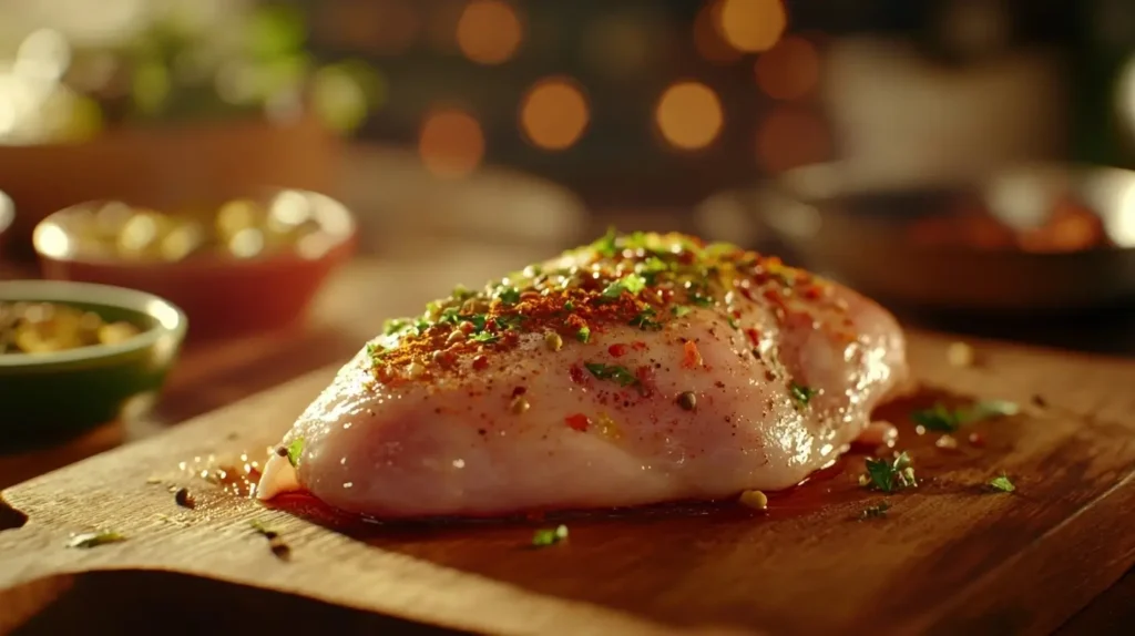 A raw chicken breast on a cutting board being brushed with marinade, featuring spices like paprika and parsley, with bowls of ingredients in the background