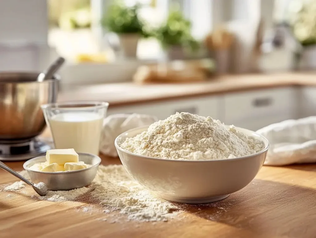 A cozy kitchen setup with a bowl of flour being measured on a kitchen scale, a measuring cup with milk, softened butter on a small dish, and a box of Bisquick in the background