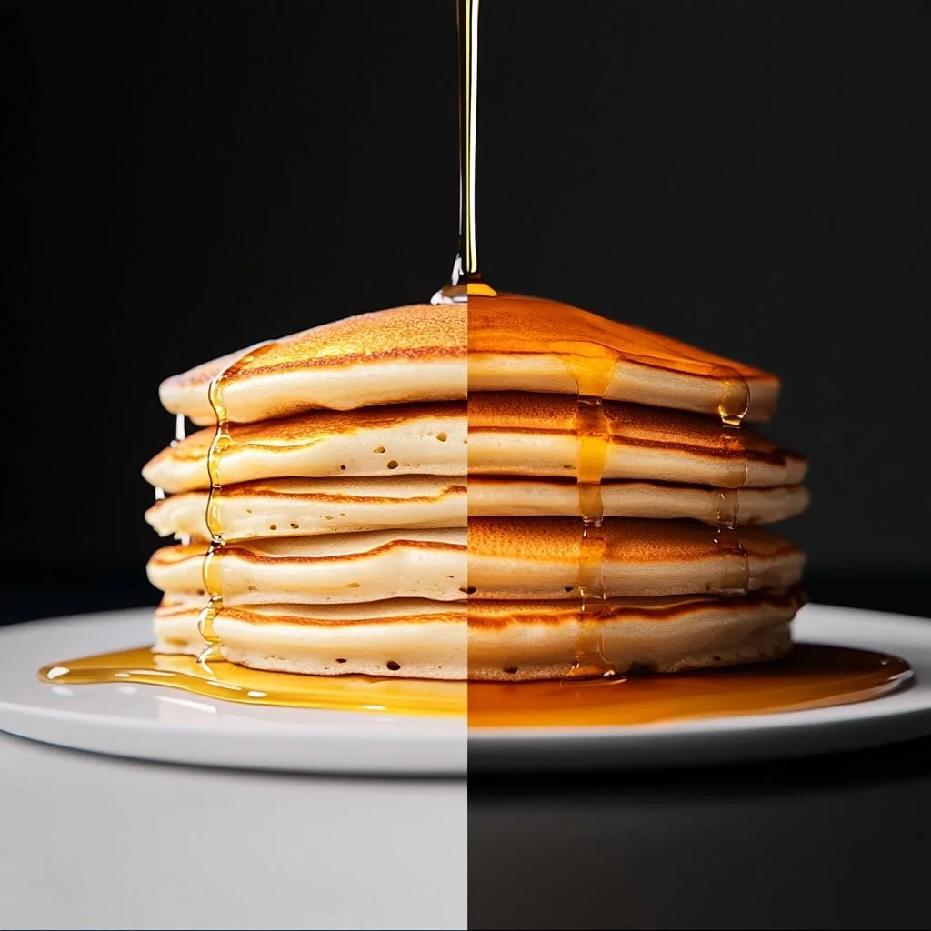 A side-by-side view of two stacks of pancakes on white plates, one labeled 'Made with Milk' and the other 'Made with Water,' showing clear differences in texture and color, with syrup dripping elegantly