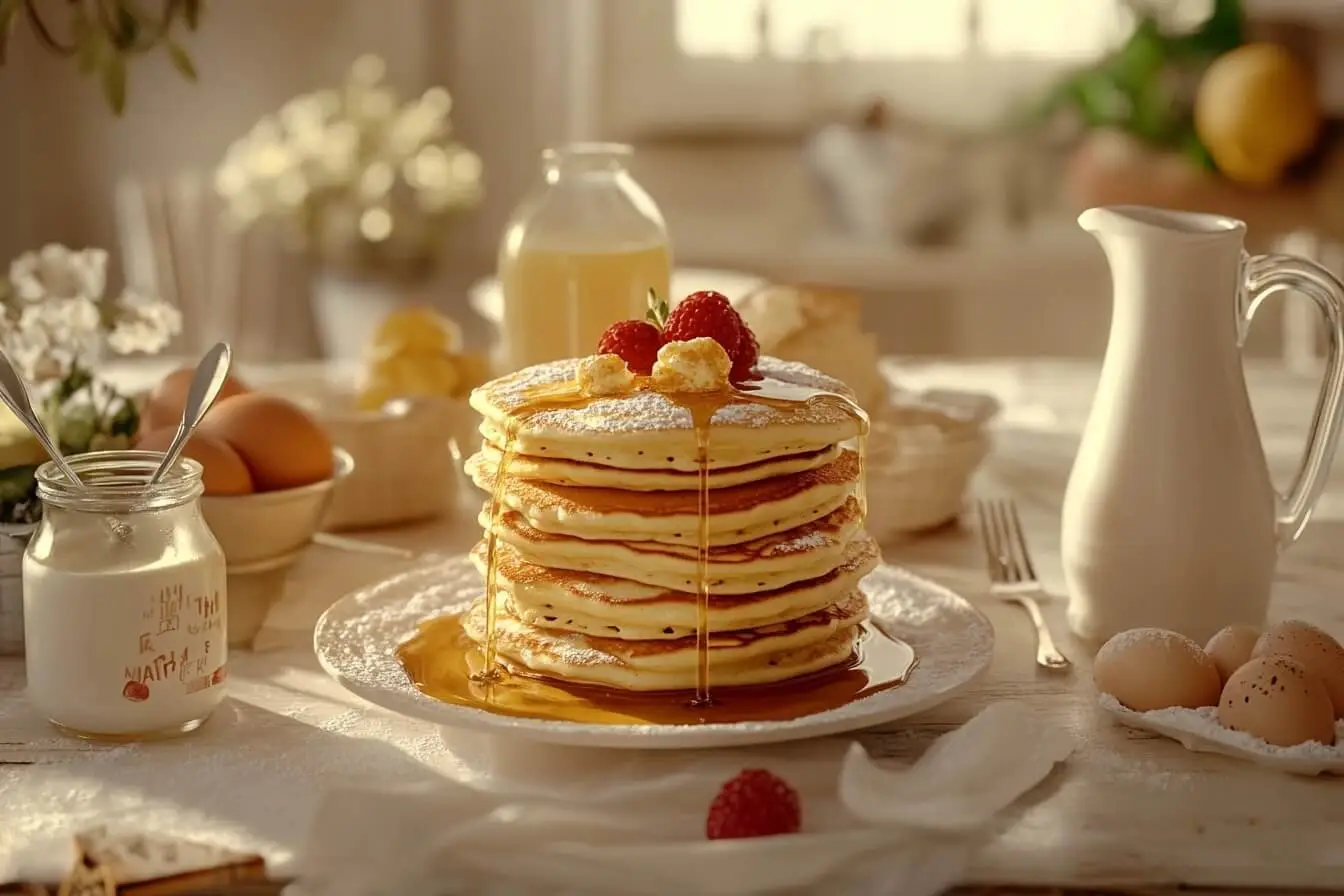 A styled breakfast table featuring a stack of pancakes labeled 'Made with Milk' and 'Made with Water,' surrounded by milk, water, eggs, flour, and syrup