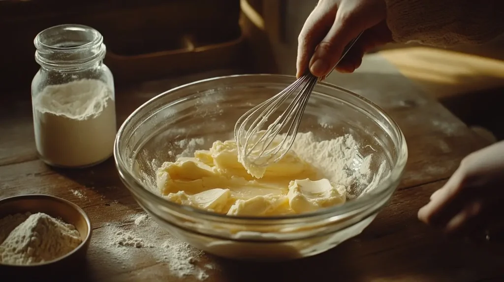 A baker’s hands whisking granulated sugar, softened butter, and eggs in a glass bowl on a rustic wooden table with baking tools nearby