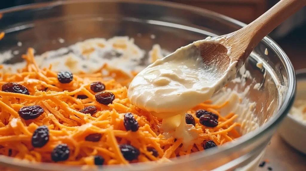 A mixing bowl filled with shredded carrots and raisins, with a wooden spoon stirring and a creamy dressing nearby.