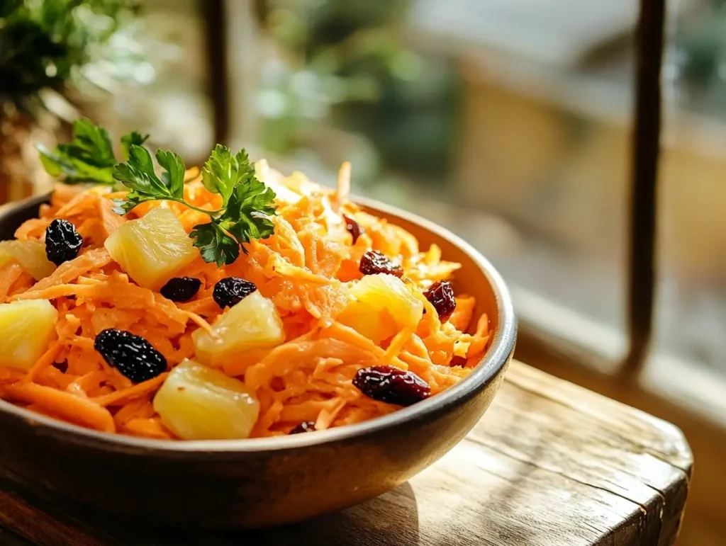 A beautifully plated carrot raisin salad with shredded carrots, juicy raisins, pineapple chunks, and creamy mayonnaise on a rustic wooden table.