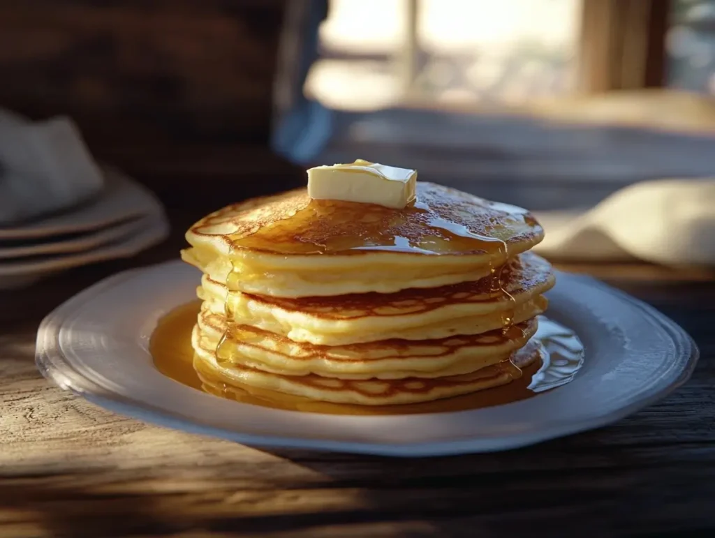 Golden pancakes made with water, served with syrup and butter.