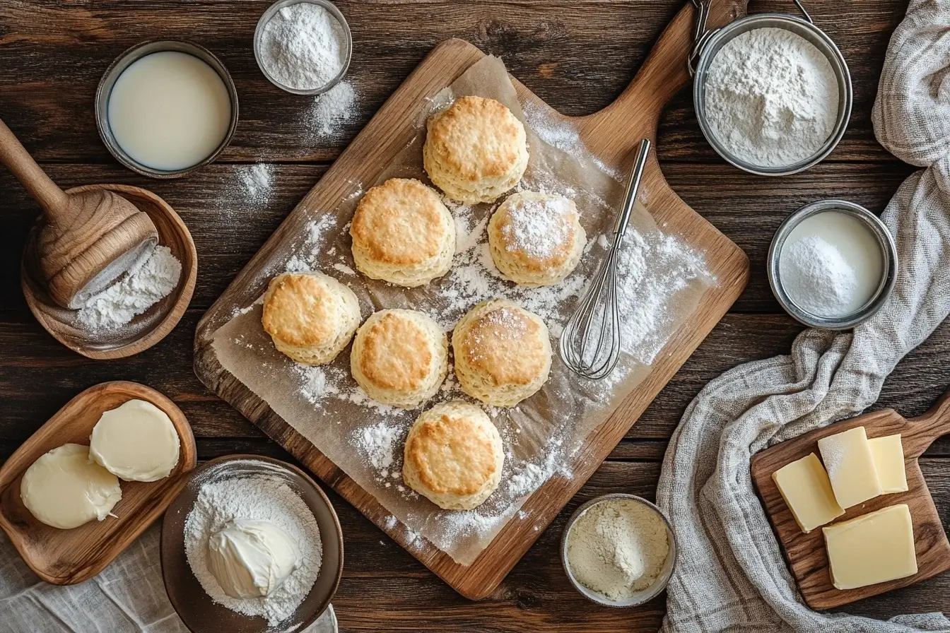 Freshly baked golden-brown biscuits on a wooden cutting board, surrounded by baking tools, flour, butter, and milk on a rustic kitchen counter