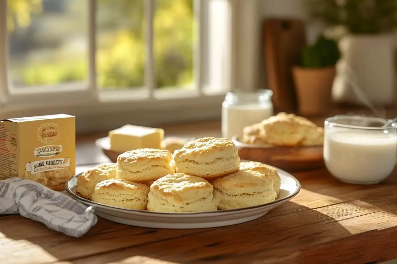 A rustic kitchen scene with freshly baked golden-brown Bisquick biscuits on a plate, surrounded by a Bisquick box, butter, milk, and a mixing bowl, with sunlight streaming through a window.