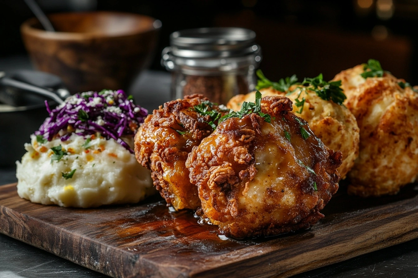 Golden fried chicken on a wooden board, garnished with parsley, surrounded by Southern sides like coleslaw, mashed potatoes, and biscuits in a cozy kitchen setting