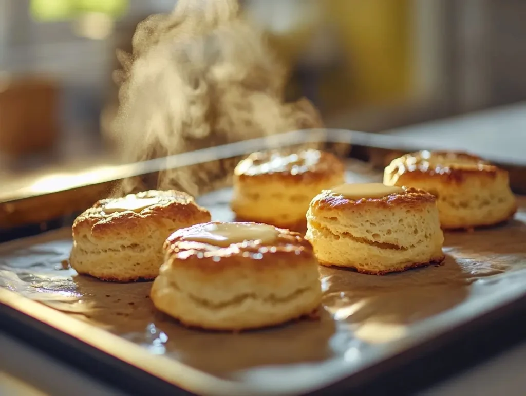 Golden brown, fluffy Bisquick biscuits fresh out of the oven on a parchment-lined tray, with steam rising and melted butter brushed on top