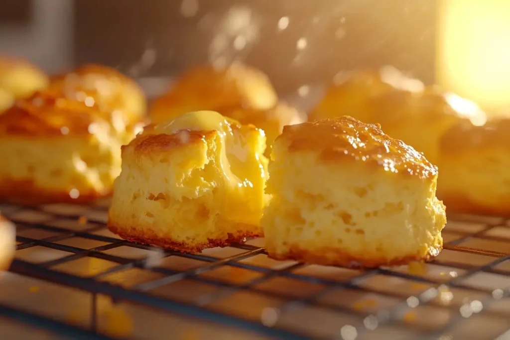 Golden-brown biscuits on a cooling rack with a moist, fluffy interior visible in a split biscuit, topped with melting butter