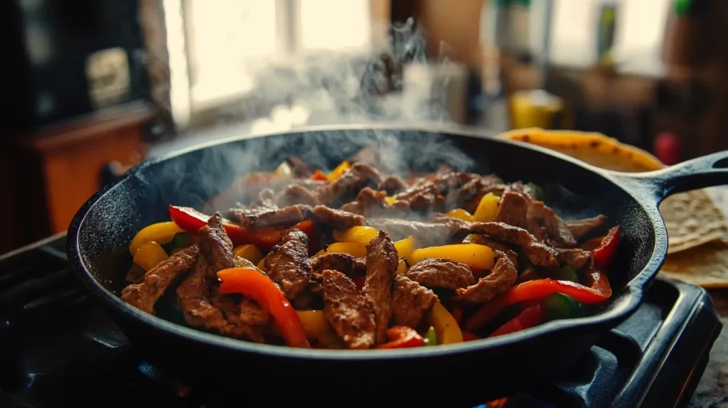 Cooked fajita meat strips served on a sizzling cast iron skillet with sautéed peppers, onions, and warm tortillas, with steam rising in a cozy kitchen setting