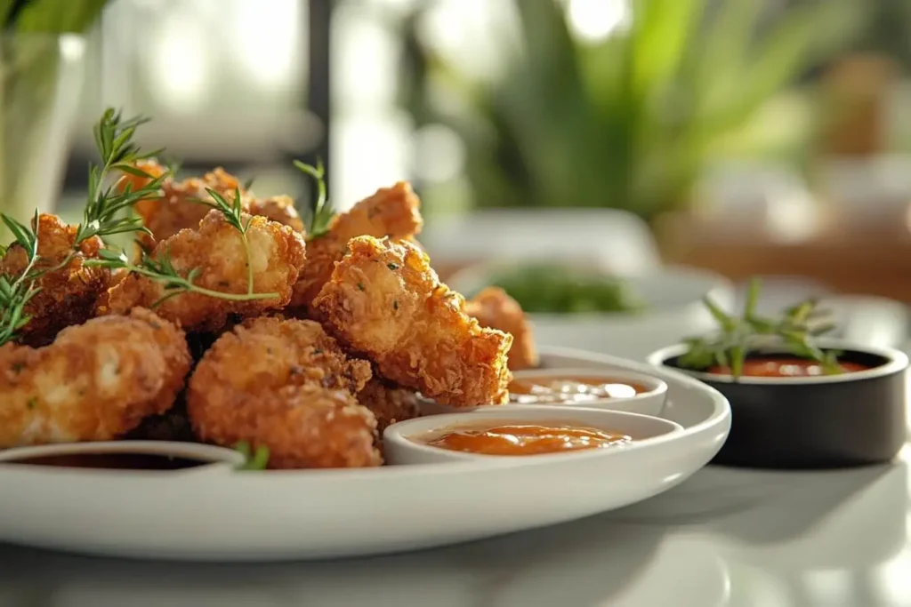 A plate of crispy fried chicken, golden brown and perfectly textured, served with dipping sauces and garnished with herbs in a bright kitchen setting.