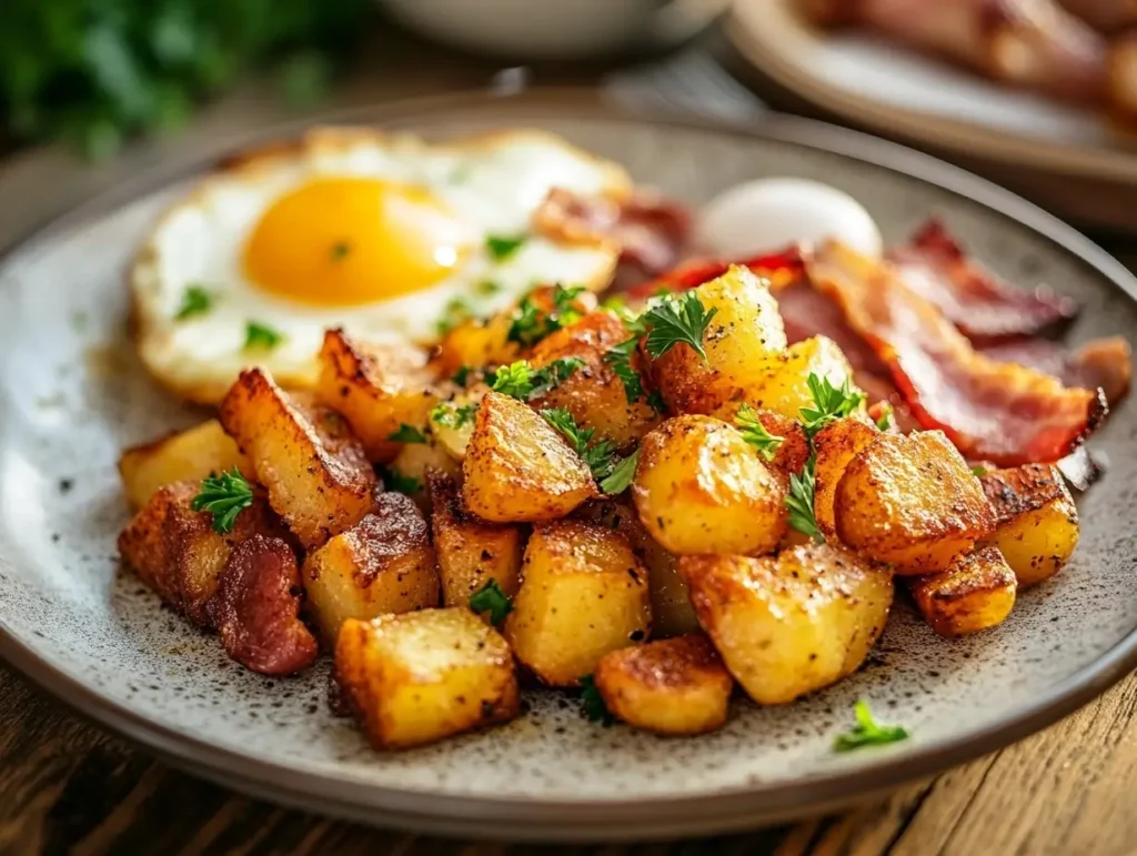 Plated crispy Potatoes O'Brien with fresh parsley and eggs on a wooden table, served as a breakfast side dish