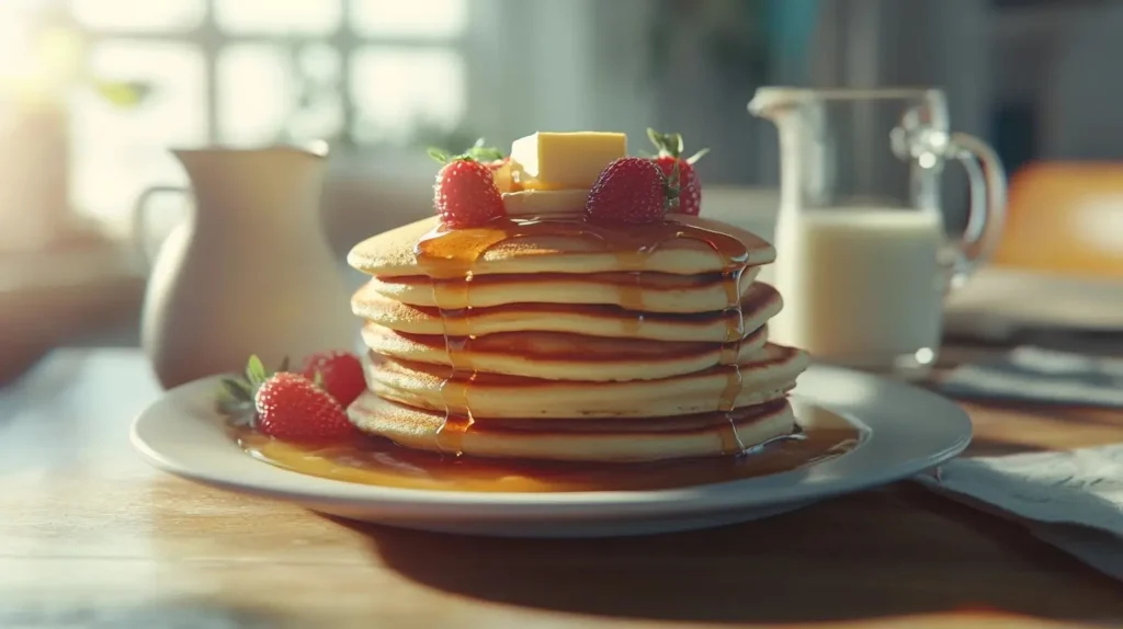 A stack of perfectly cooked pancakes served with syrup, butter, and fresh fruits, with a glass of milk and a jug of water in the background under soft morning sunlight