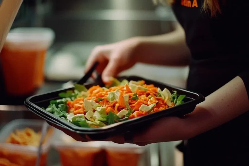 A Chick-fil-A customer holding a tray, nostalgically looking at a menu, with tones of green and orange symbolizing carrot raisin salad ingredients