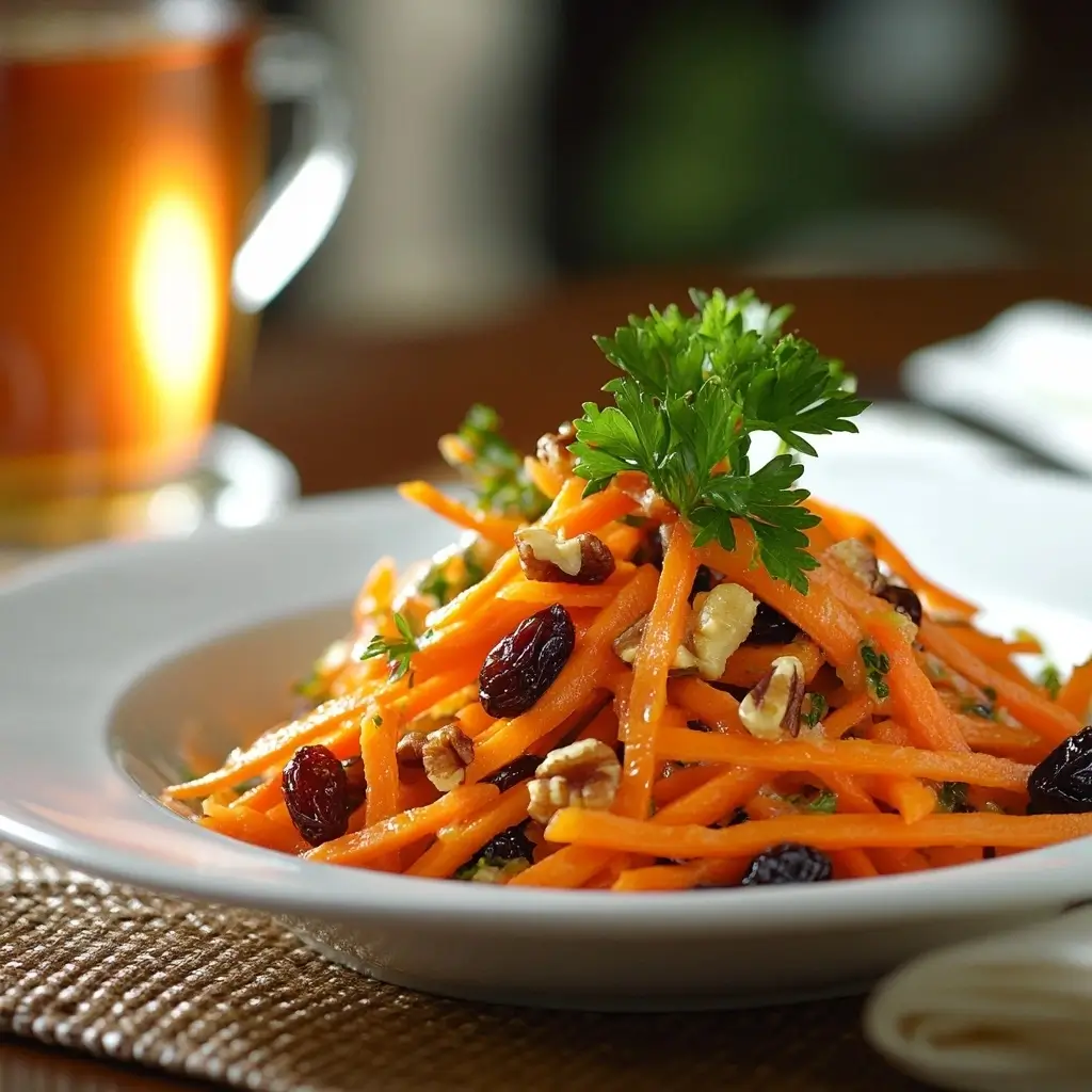 A plated carrot raisin salad garnished with parsley and nuts, served on a white plate with a glass of iced tea in the background.