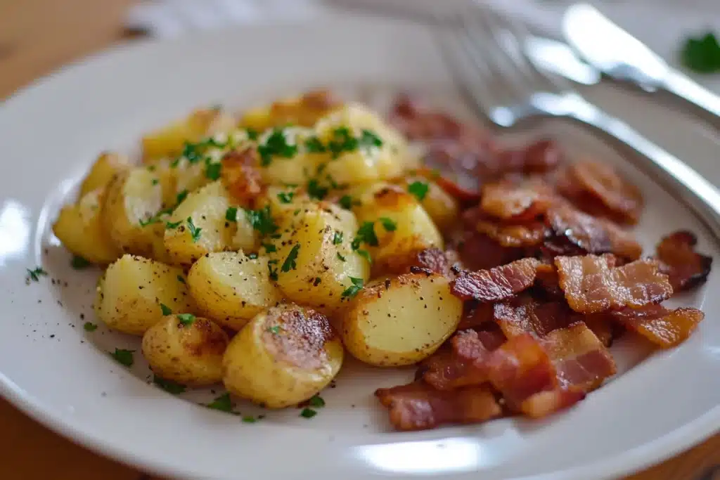 A beautifully plated dish of Ore Ida Potatoes O’Brien served with scrambled eggs and garnished with parsley on a white plate