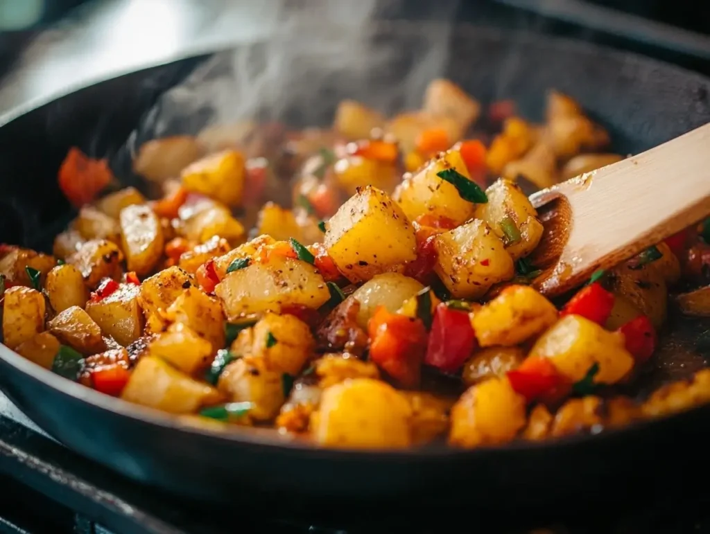 A plated serving of crispy Potatoes O'Brien garnished with fresh herbs, accompanied by scrambled eggs and toast on a wooden table with a cup of coffee in the background.