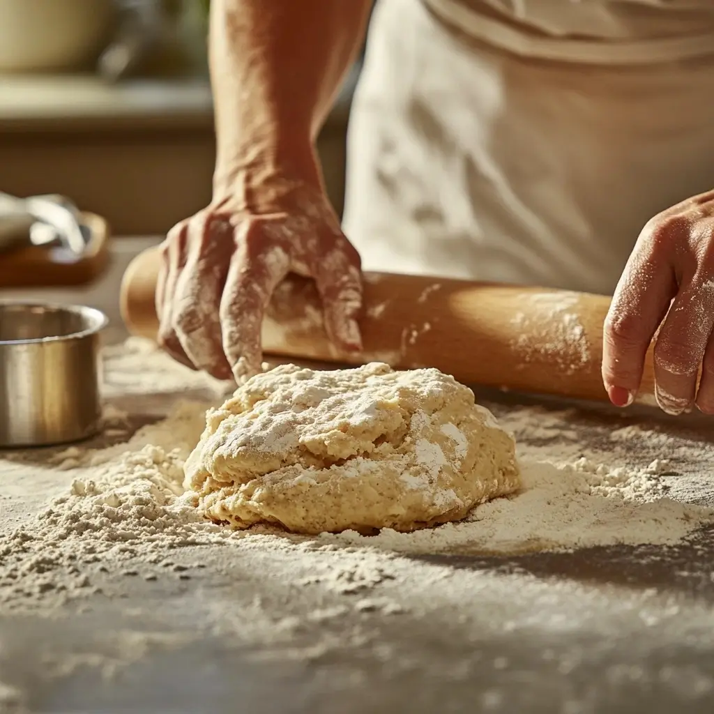 Hands kneading soft biscuit dough on a lightly floured surface, surrounded by a rolling pin, biscuit cutter, and scattered flour, with warm lighting creating a rustic feel