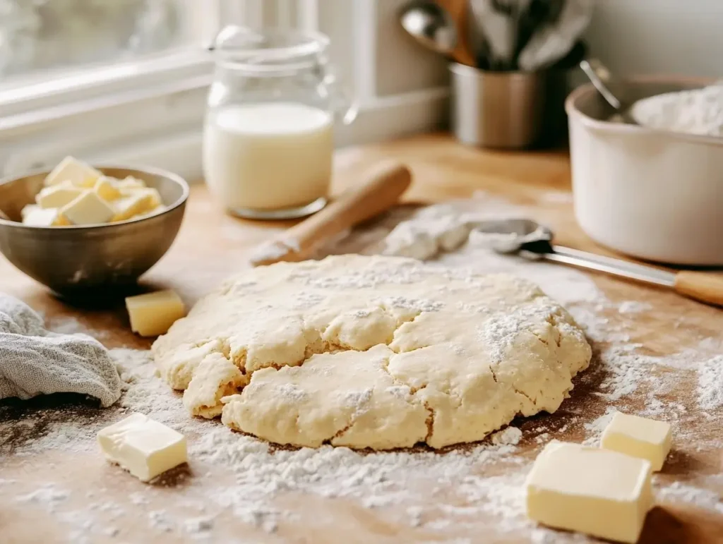 Preparing biscuit dough: Cold butter cubes and buttermilk are key to creating flaky, moist biscuits