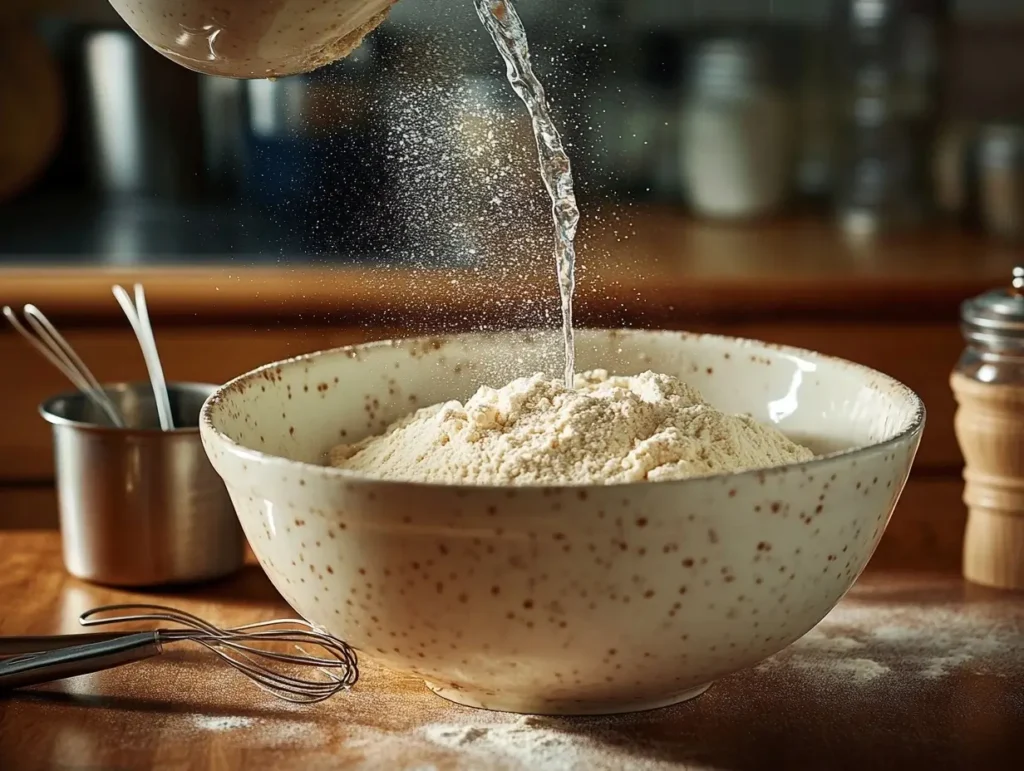 Bisquick powder being mixed with water in preparation for pancakes