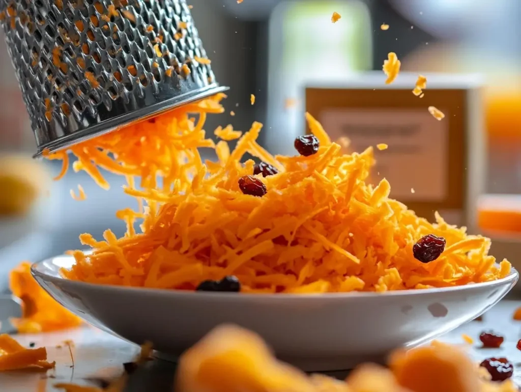 Freshly washed carrots being shredded on a clean kitchen counter with raisins and mayonnaise in the background.