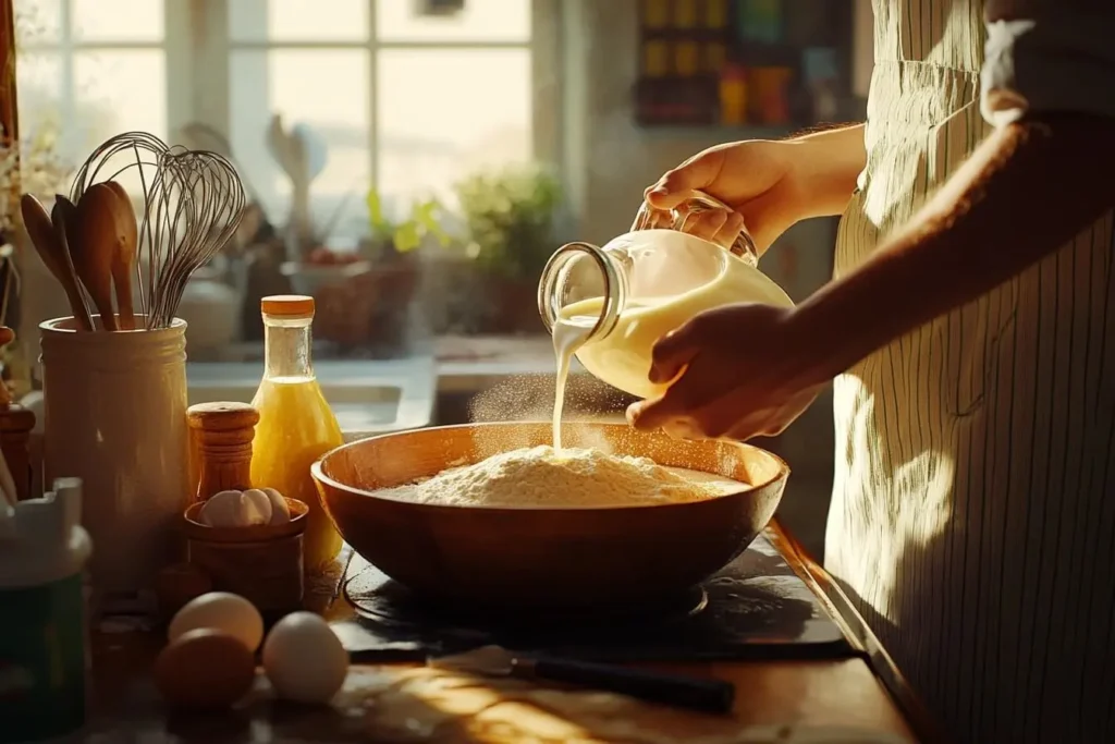 A cozy kitchen scene with a cook pouring milk into a bowl of pancake mix, surrounded by eggs, flour, and a whisk, with a soft morning light streaming in