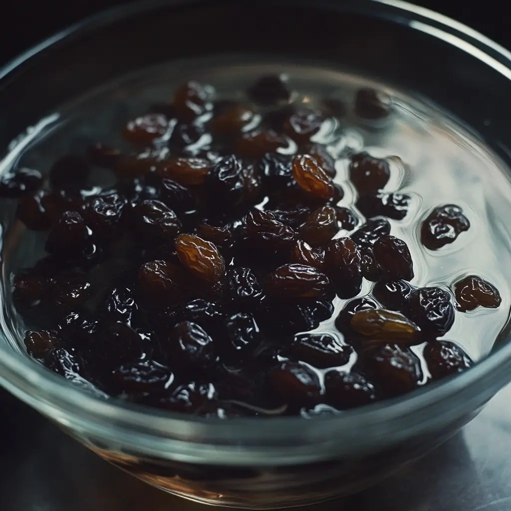 Close-up of raisins soaking in warm water in a clear glass bowl, reflecting natural light, with a few raisins placed nearby.