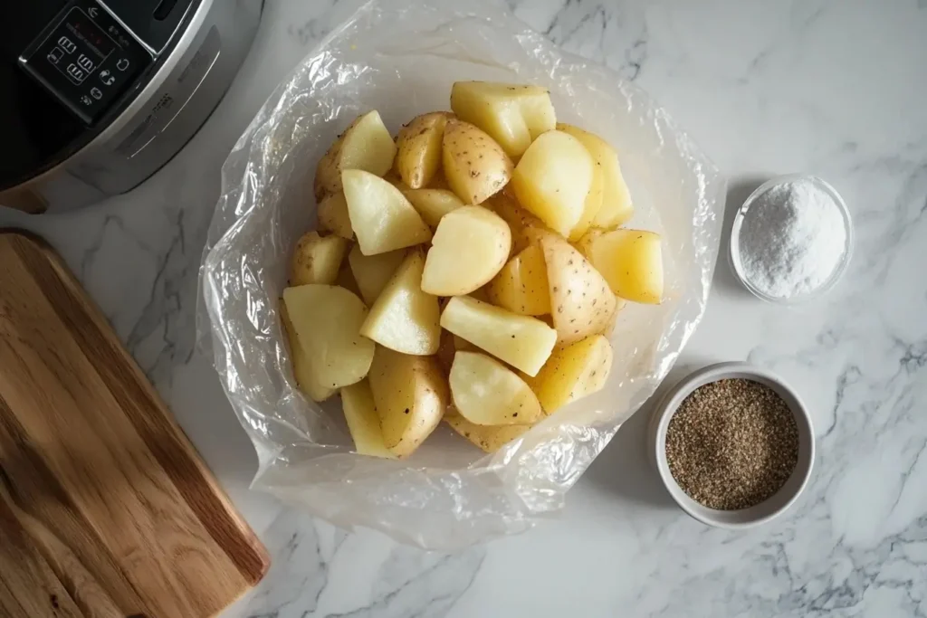 Frozen Potatoes O'Brien, an air fryer, and a small bowl of seasoning on a kitchen countertop, ready for cooking